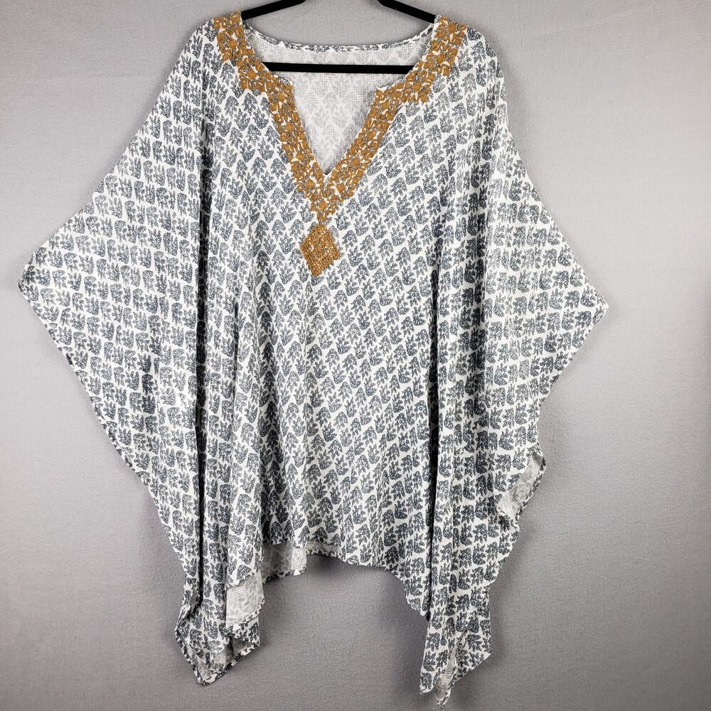 Women's One Size‎ Block Print Embroidered Poncho Blue Gold Boho Swim Cover Beach